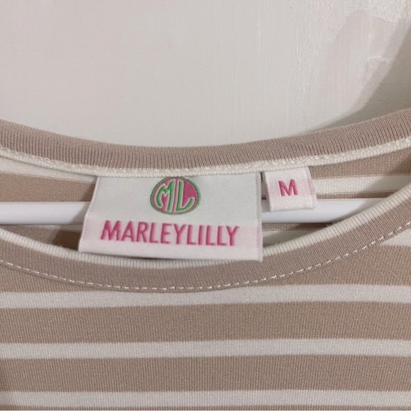 Marley Lilly Women’s Size Medium Tan and White Striped Long Sleeve Long Shirt - Picture 2 of 9
